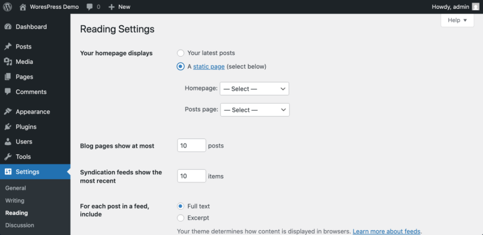 WordPress Reading Settings dashboard, showing homepage display options (static page selected), posts per page, and feed content type.