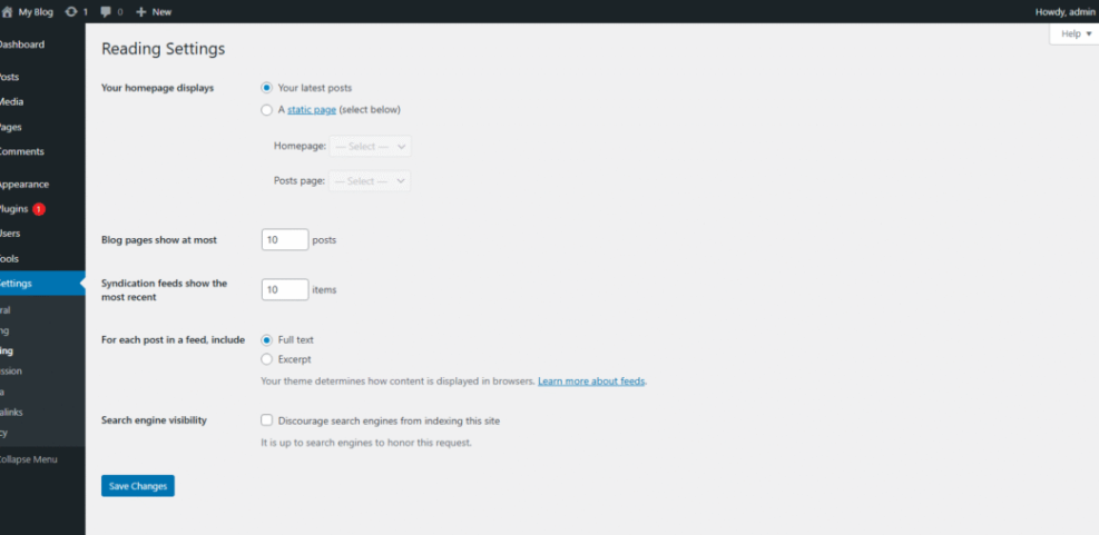 WordPress Reading Settings dashboard showing options for homepage display, posts per page, feed content, and search engine visibility.