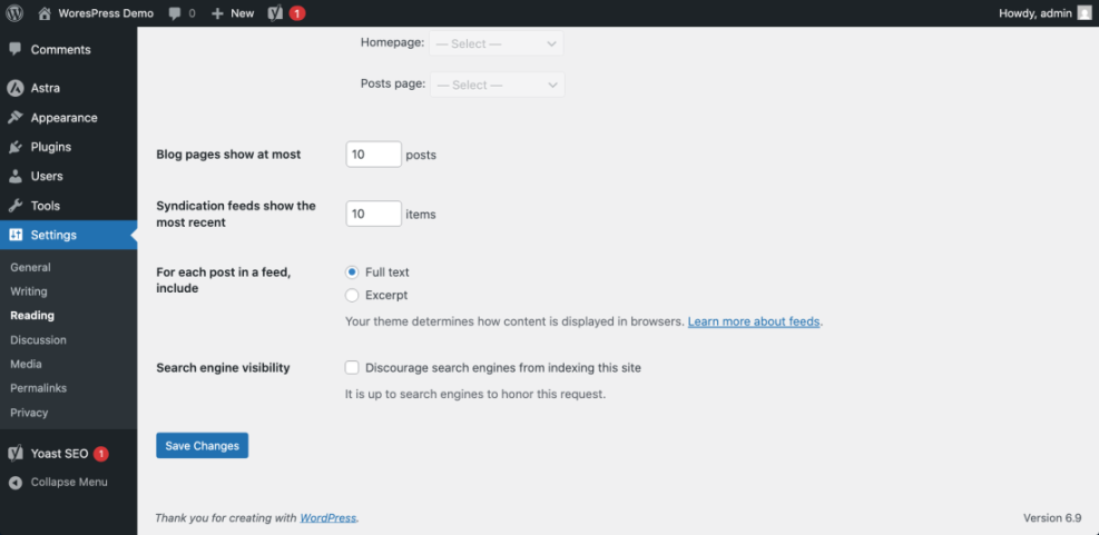 WordPress Reading Settings page, configuring blog posts, feed content, and search engine visibility for a new WordPress website's SEO.
