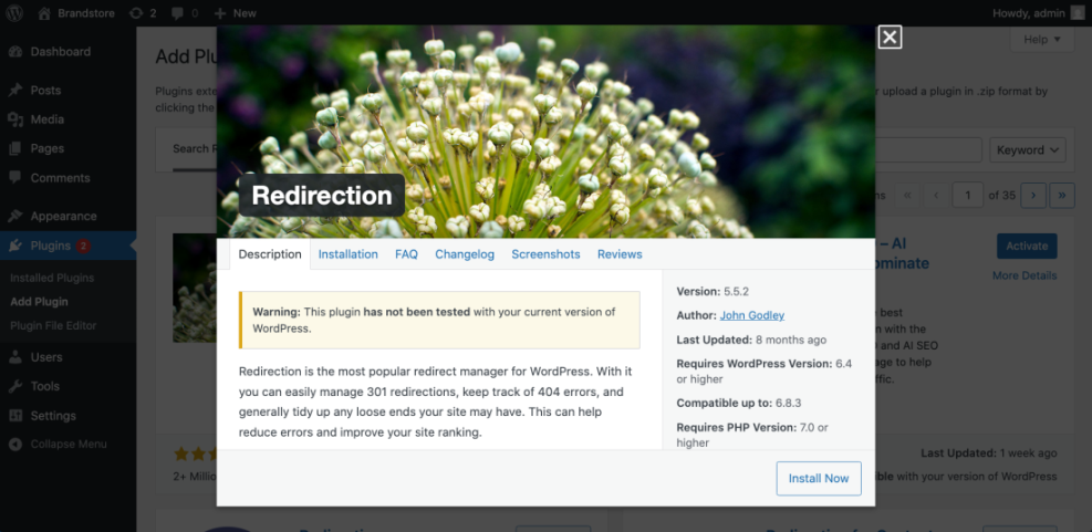 WordPress Redirection plugin details showing version compatibility and description, useful for creating vanity URLs.