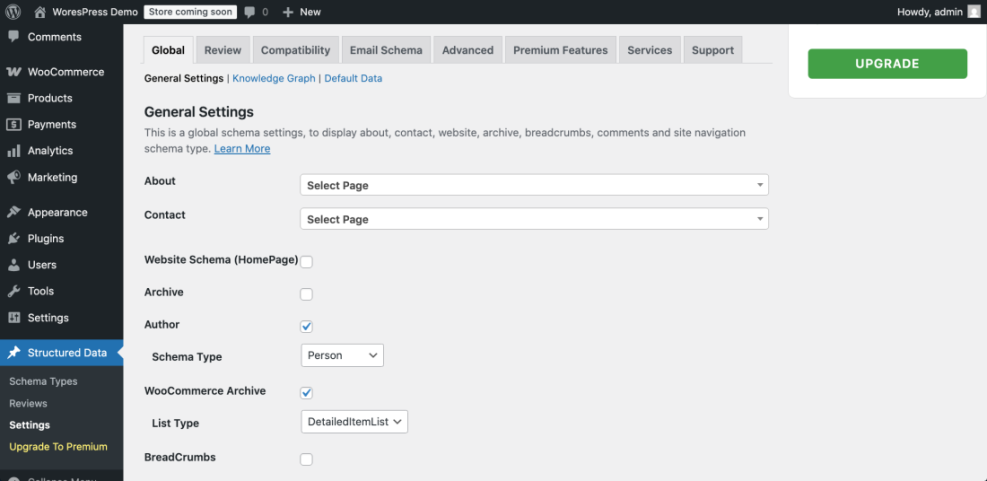 WordPress structured data plugin settings, showing global configuration for About, Contact, Website, Author, and WooCommerce.