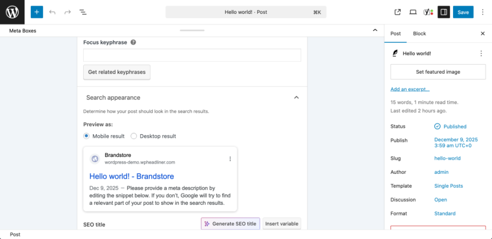 WordPress post editor showing Yoast SEO plugin interface with focus keyphrase, Google search appearance preview, and meta description.