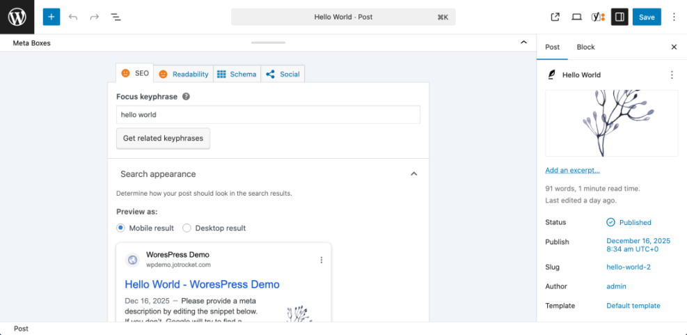 WordPress SEO plugin interface displaying the 'Focus keyphrase' input and a mobile search snippet preview, essential for on-page optimization.