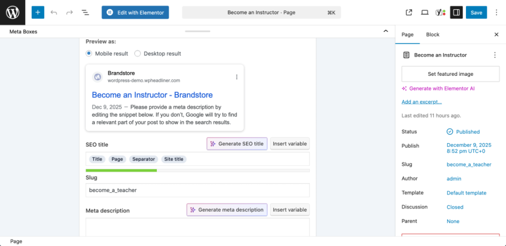 WordPress SEO meta box showing search result preview, fields for SEO title, slug, meta description, and AI generation tools.