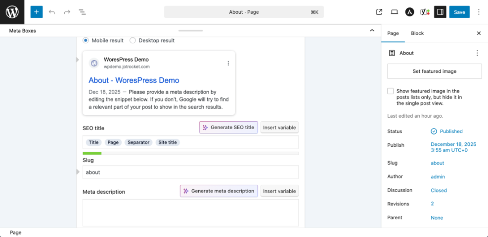 WordPress editor displaying SEO meta boxes for an 'About' page, with Google search preview, SEO title, slug, and meta description fields.