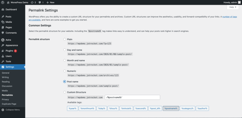WordPress Permalink Settings page, showing the 'Post name' option selected for an SEO-friendly URL structure.