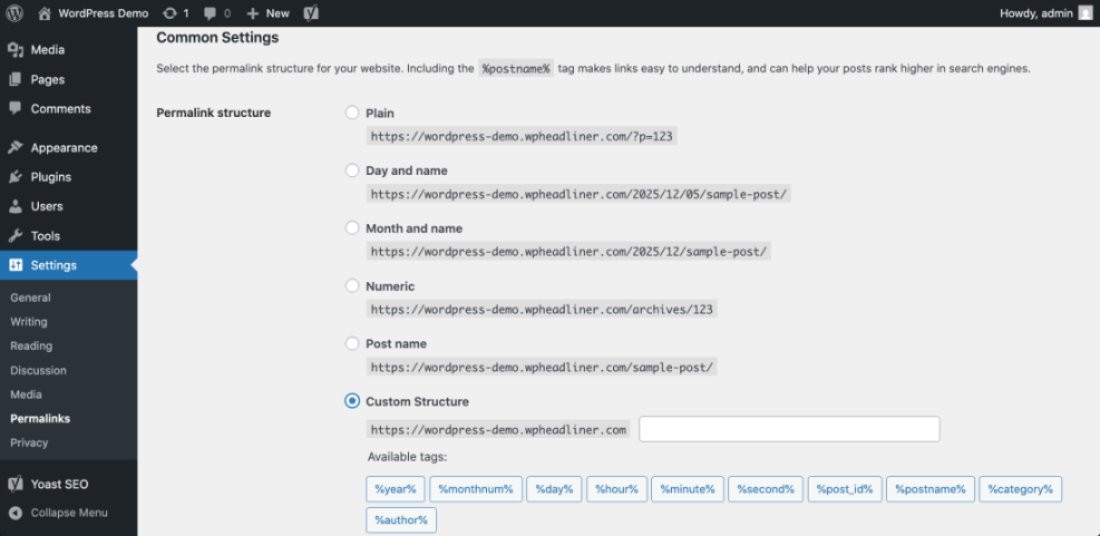 WordPress permalink settings in the dashboard, displaying options for SEO-friendly URL structures like 'Post name' and 'Custom Structure', essential for WordPress SEO.