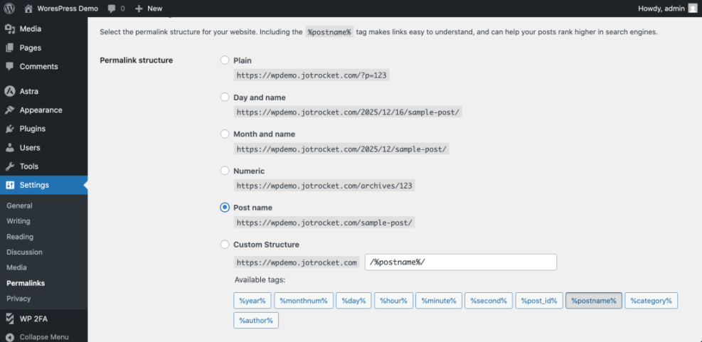 WordPress permalinks settings showing the 'Post name' option selected for optimal SEO, a key 'whats wordpress' configuration.