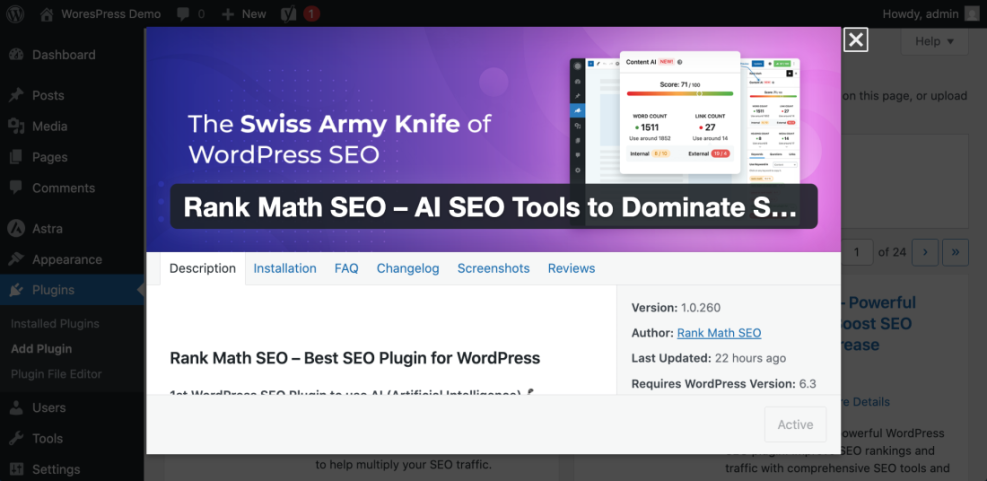 WordPress dashboard displays Rank Math SEO plugin installation, highlighting its AI SEO tools and content optimization features like word and link count.