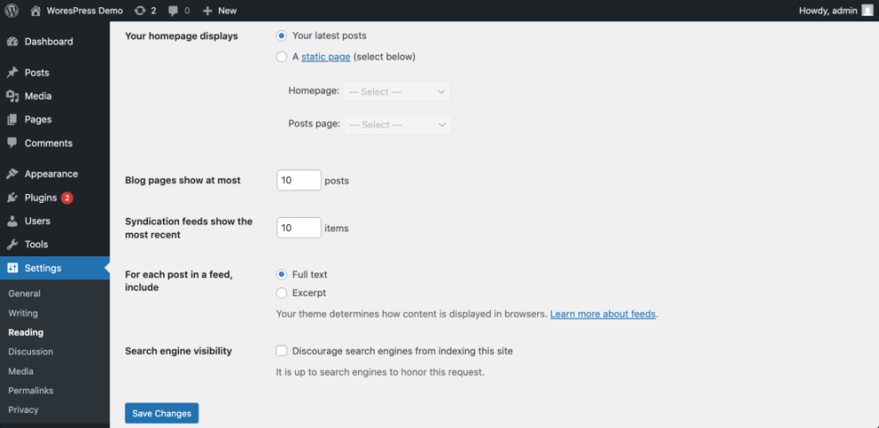WordPress Reading Settings page showing options for homepage display, blog posts per page, and search engine visibility settings.