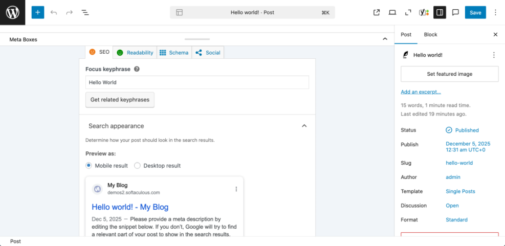 WordPress post editor with Yoast SEO settings, showing focus keyphrase, mobile search preview, and post details for optimization.