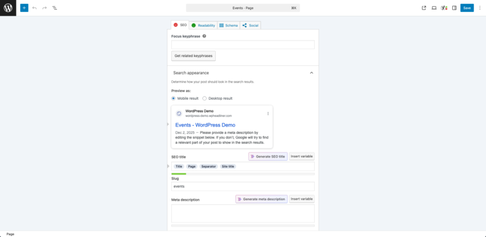 WordPress SEO settings panel showing how to edit the SEO title, slug, and meta description for a page, with a mobile search result preview.
