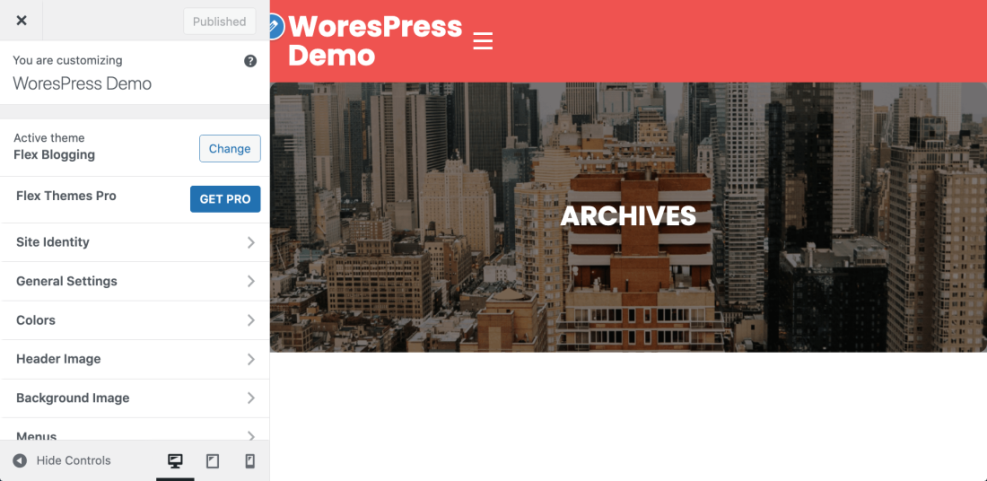 WordPress Customizer showing theme settings for Flex Blogging, with options like Site Identity and Colors, and a live site preview, for WordPress website setup.