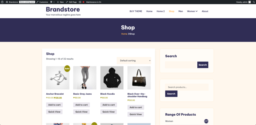 WordPress shop page screenshot with products, search, and categories, demonstrating how to add keywords to website WordPress.