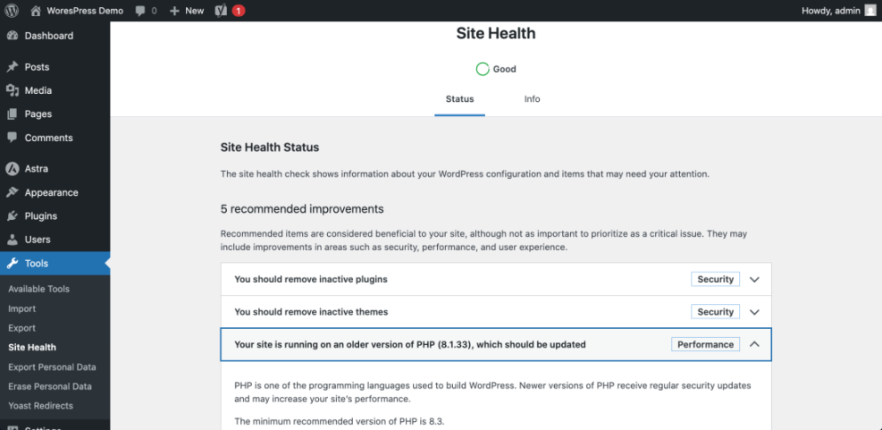 WordPress Site Health screen indicating an outdated PHP version (8.1.33) and recommending an update for improved performance and security.