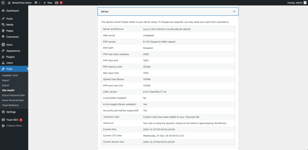 WordPress Site Health server details showing PHP version 8.1.33, LiteSpeed web server, and PHP limits, crucial for updating PHP in WordPress.
