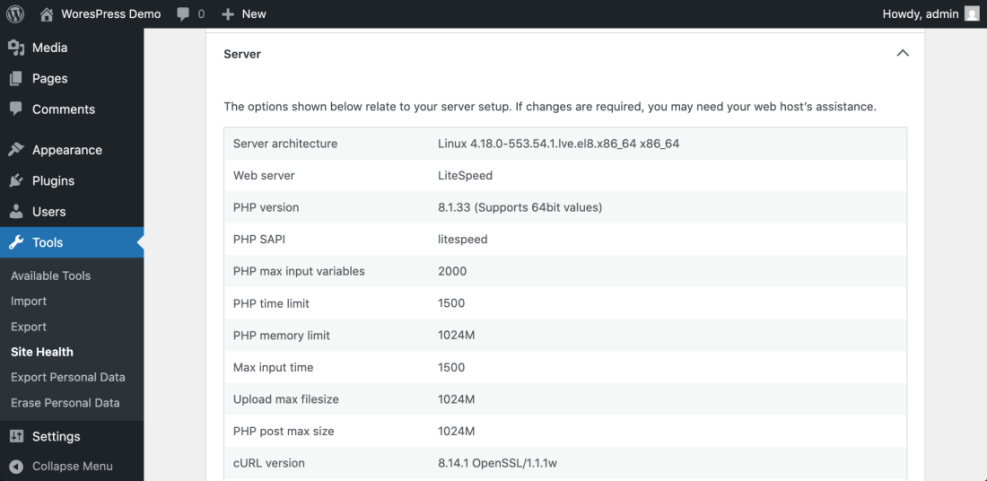 WordPress Site Health server details showing PHP 8.1.33, LiteSpeed web server, and PHP memory limit for speed optimization.