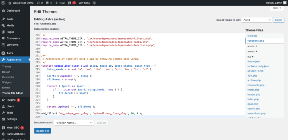 WordPress Theme File Editor showing functions.php code to clean slugs by removing stop words for SEO-friendly URLs.