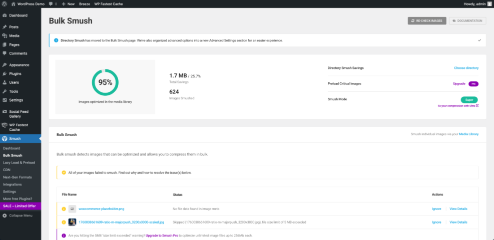 WordPress Smush plugin dashboard showing bulk image optimization statistics, total savings, and status of images for better site performance.