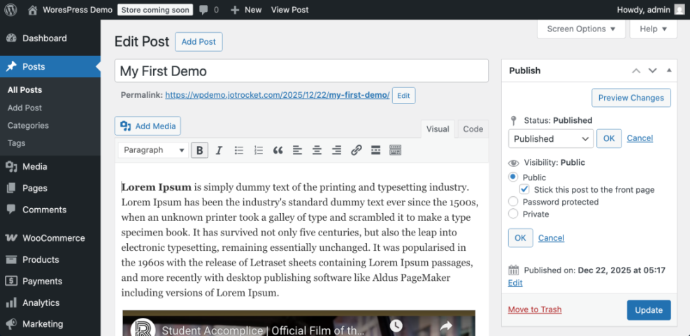 WordPress edit post screen showing the 'Stick this post to the front page' option checked in the Publish box.