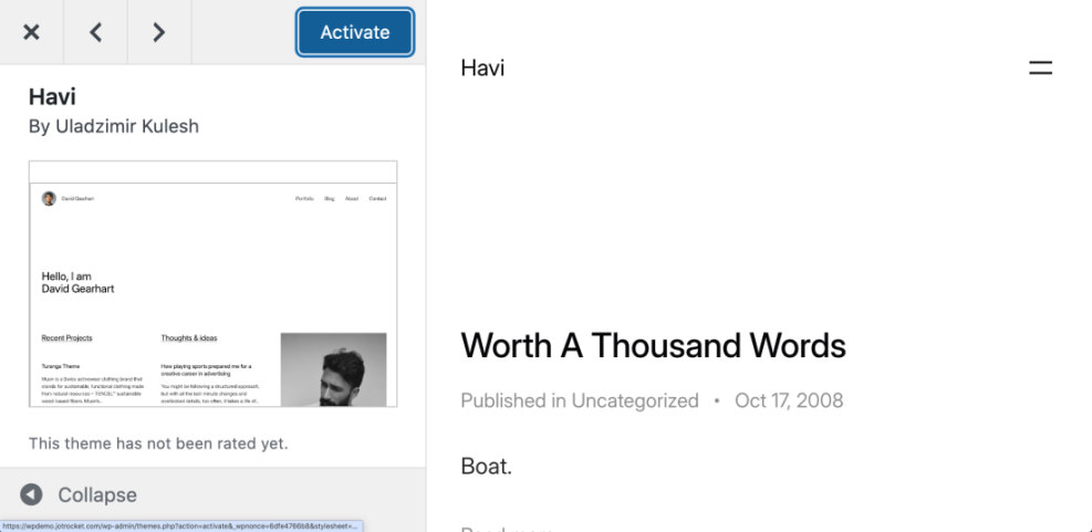 WordPress theme activation screen showing the Havi theme preview and an 'Activate' button, essential for setting up a new blog.