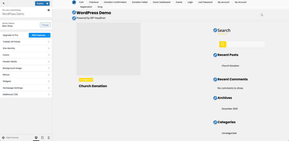 WordPress Customizer interface displaying theme options like site identity, colors, menus, and widgets for designing a website.