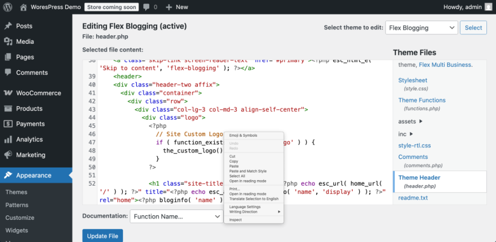WordPress theme editor displaying the `header.php` file for the Flex Blogging theme, used when changing a favicon.
