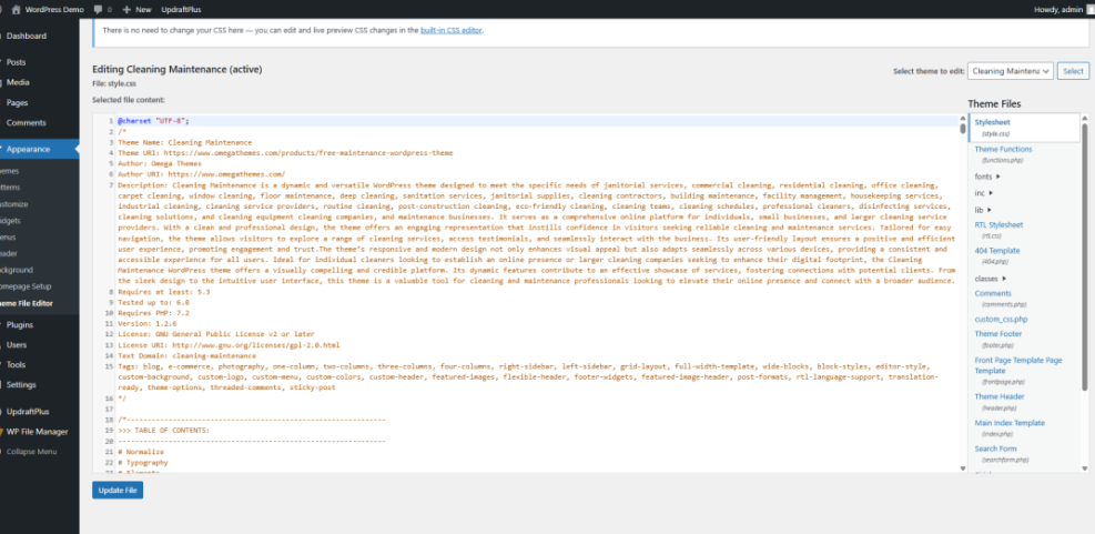 WordPress Theme File Editor for `style.css` displaying the theme information and code, illustrating how to edit WordPress files.