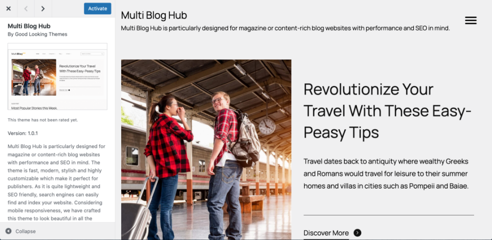 WordPress theme installation screen showing Multi Blog Hub theme preview with details and a live demo for a blog website.