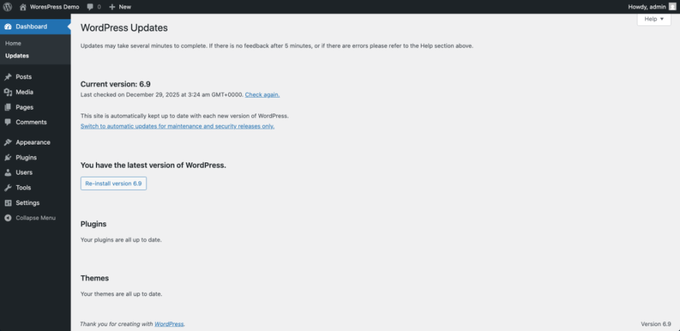 WordPress Updates dashboard screen showing current version 6.9 and confirming all themes and plugins are up to date.