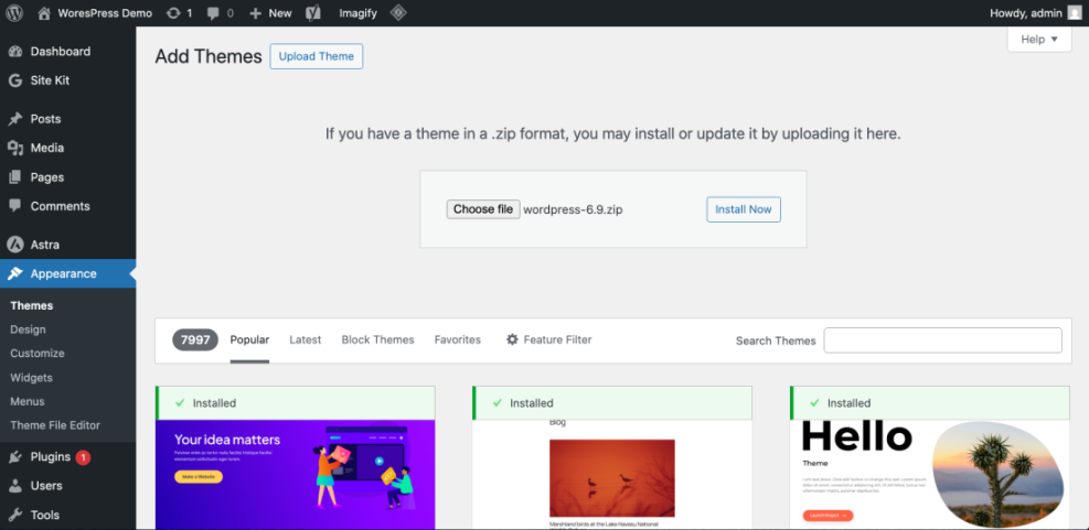 WordPress admin 'Add Themes' page with the 'Upload Theme' section, illustrating how to install a new WordPress theme via .zip file upload.