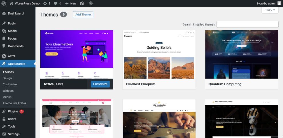 WordPress dashboard screenshot displaying the Themes section with various options like Astra, crucial for how to build a WordPress website.