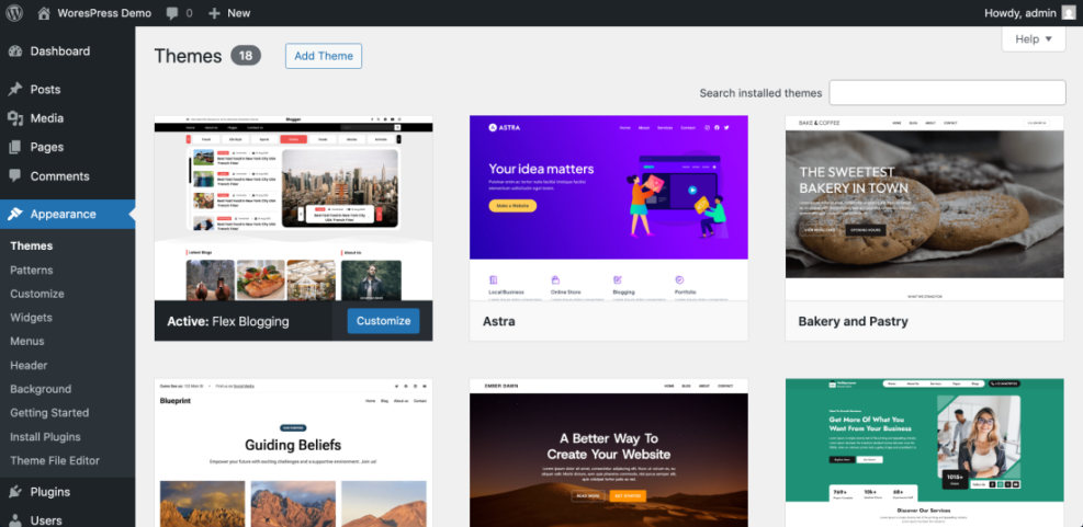 WordPress Themes dashboard page displaying the active Flex Blogging theme, available templates like Astra, and options for theme management.