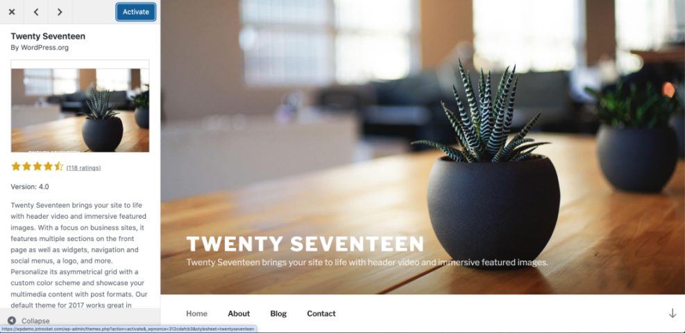 WordPress Twenty Seventeen theme activation screen, showing theme details, live preview, and 'Activate' button, essential for learning how to use WordPress.