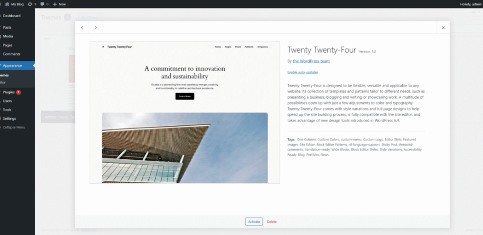 WordPress dashboard displaying the Twenty Twenty-Four theme details, including its design preview, features, and description in the Appearance section.