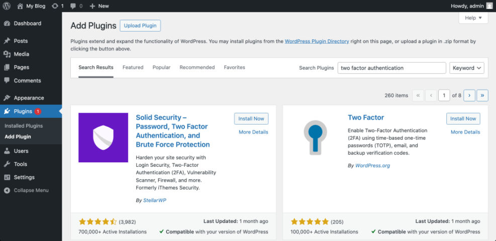WordPress 'Add Plugins' screen displaying search results for 'two factor authentication' plugins, including Solid Security and Two Factor.