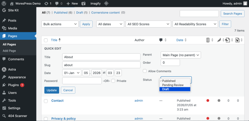 WordPress Quick Edit showing the status dropdown with 'Draft' selected, illustrating how to unpublish a page or revert it to a draft.