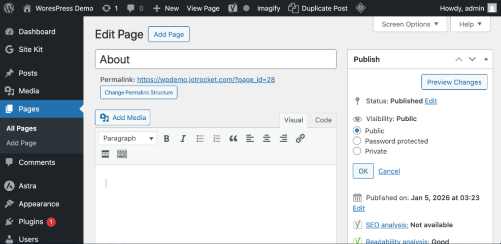 WordPress Edit Page screen displaying the 'Publish' meta box for a currently published page, showing options to manage status and visibility to unpublish a page.