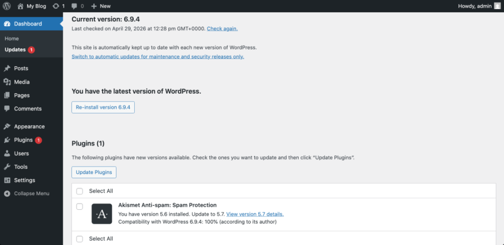 WordPress Updates dashboard showing core version 6.9.4 is current and an available Akismet plugin update to 5.7.