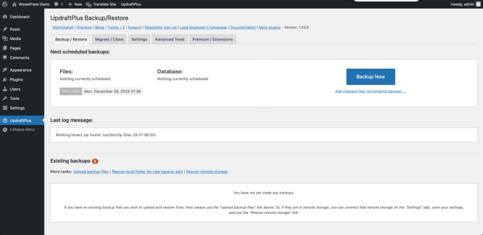 UpdraftPlus WordPress backup and restore screen showing options for scheduling, instant backup, and managing existing backups.