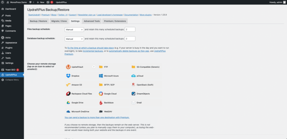 UpdraftPlus WordPress backup settings displaying manual file and database schedules, plus remote storage options for website backups.
