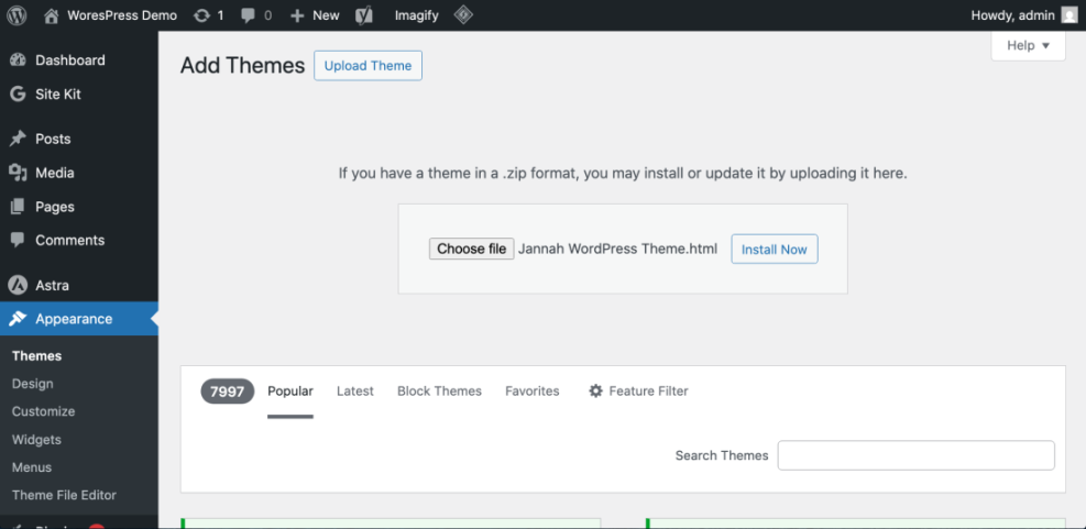 Screenshot showing the WordPress 'Add Themes' page with the 'Upload Theme' option selected to install a new WordPress theme for a blog.