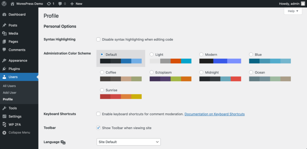 WordPress user profile settings page with personal options, color scheme, and user preferences. Change your password here.