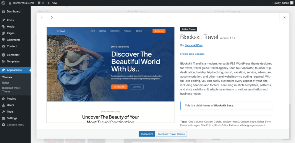 WordPress dashboard showing the Blockskit Travel theme in the Appearance section, demonstrating theme selection for a WordPress website builder.