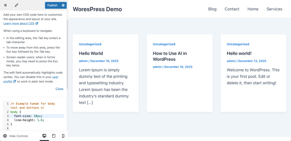 WordPress customizer displaying custom CSS to enhance website design, adjusting font size and line height for body text.