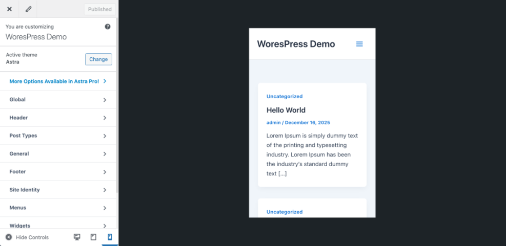 WordPress Customizer showing website design options with Astra theme and mobile preview of a blog post for how to WordPress website design.