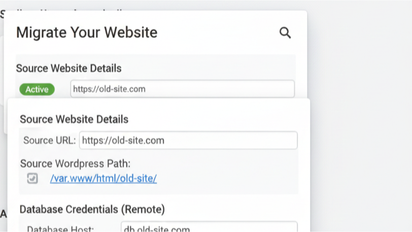 WordPress website migration form with source URL (old-site.com) and WordPress path details for moving to managed hosting.