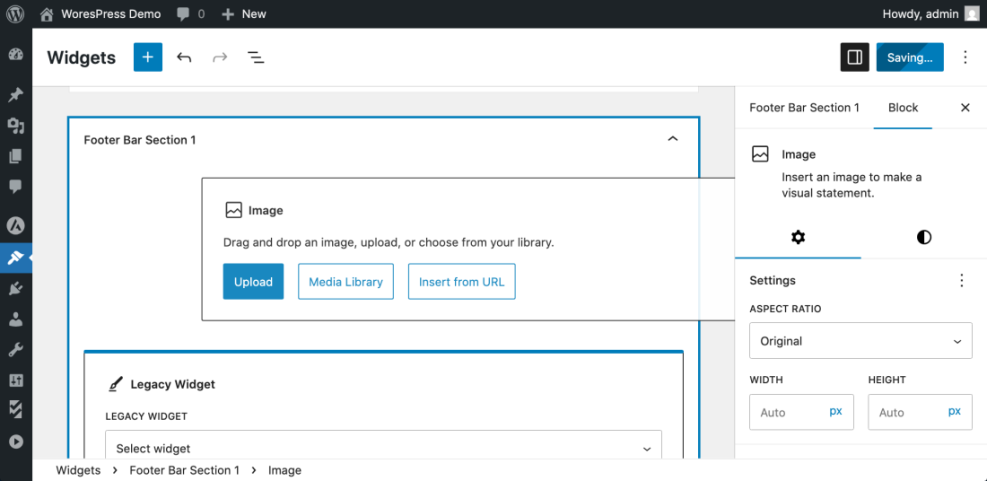 Screenshot showing how to add an image block to a WordPress widget area like the 'Footer Bar Section 1' using the block editor interface.