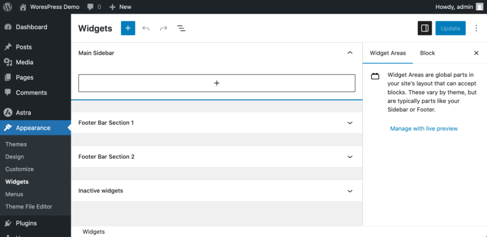 WordPress block-based widget editor interface showing Main Sidebar and Footer sections, explaining widget areas.