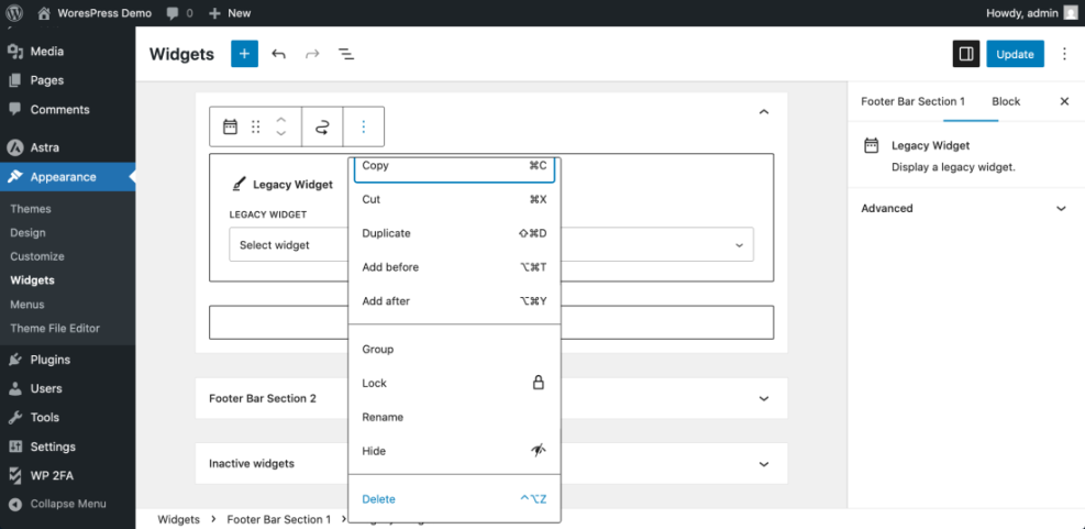 WordPress Widgets screen showing a Legacy Widget block with its contextual management menu open, including copy, cut, and delete options.